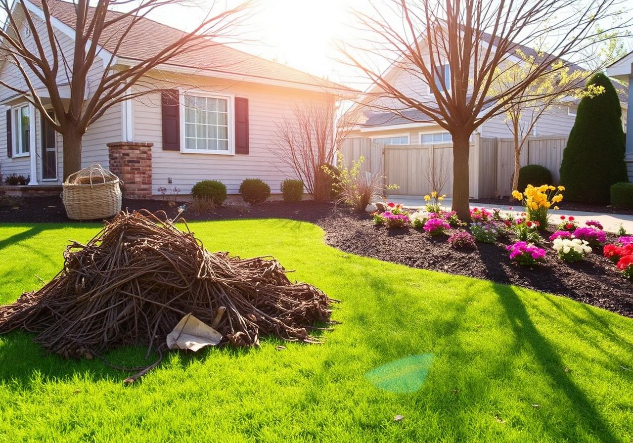 Spring yard cleanup in progress with raked debris piles in a Yukon, OK yard
