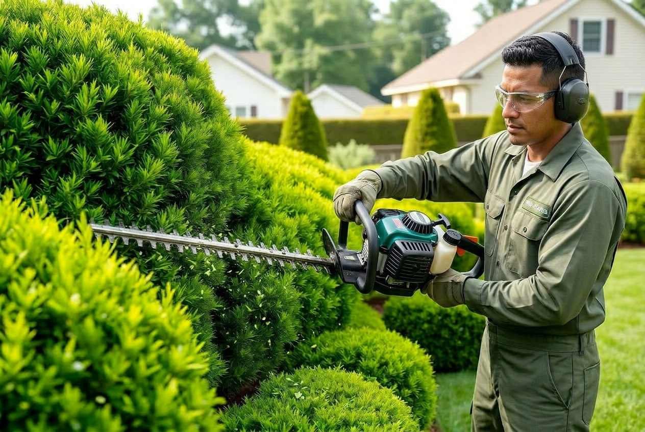 Hedge trimming with professional power trimmer on shaped boxwoods in Yukon, OK