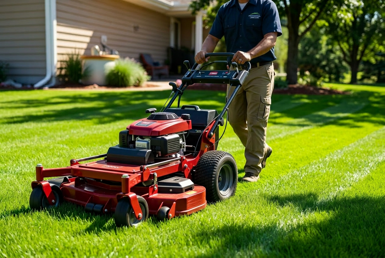 Professional zero-turn mower cutting a healthy green lawn in Yukon, OK