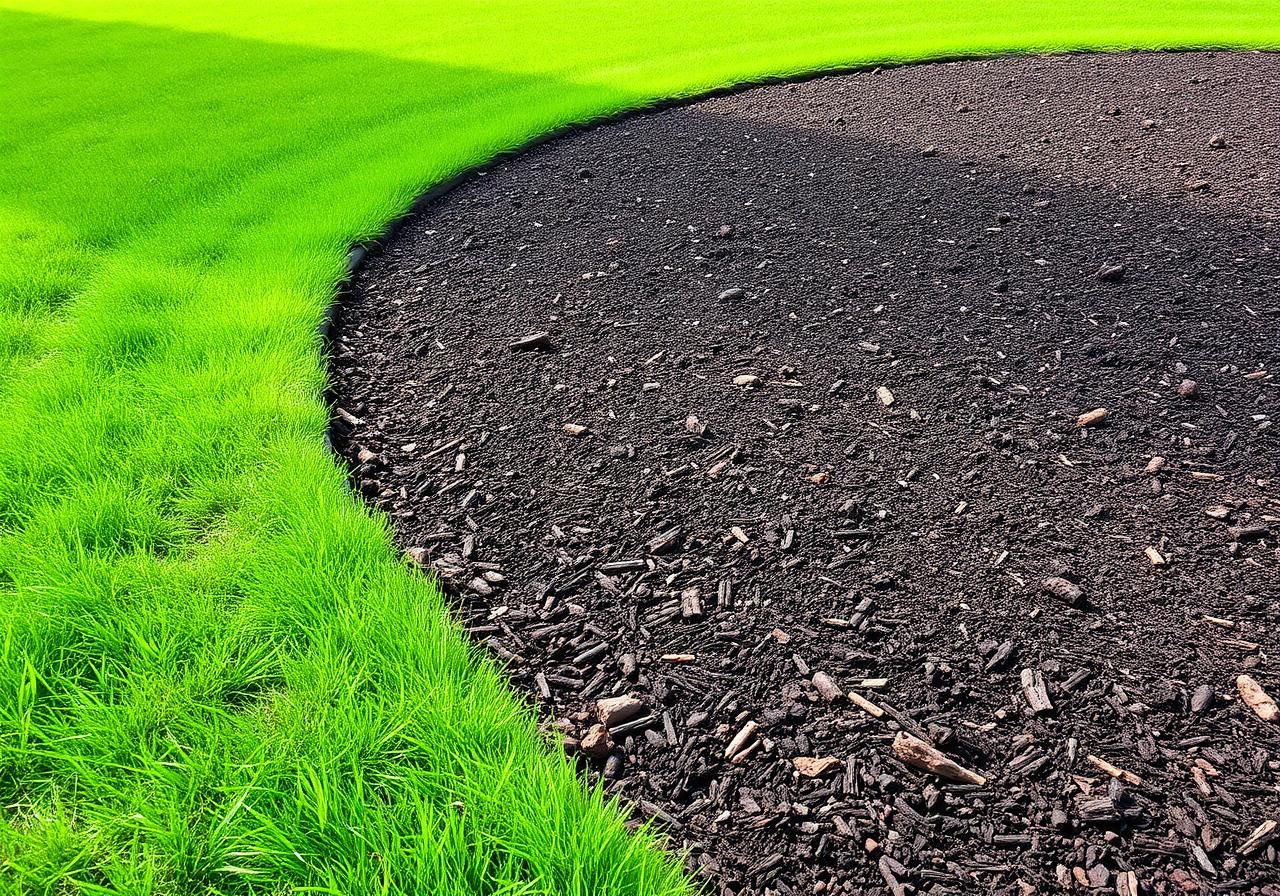 Fresh dark mulch in a curved bed with crisp edge against a green lawn