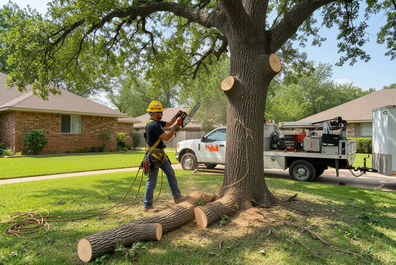 Professional tree removal in progress on a residential property in Yukon, OK